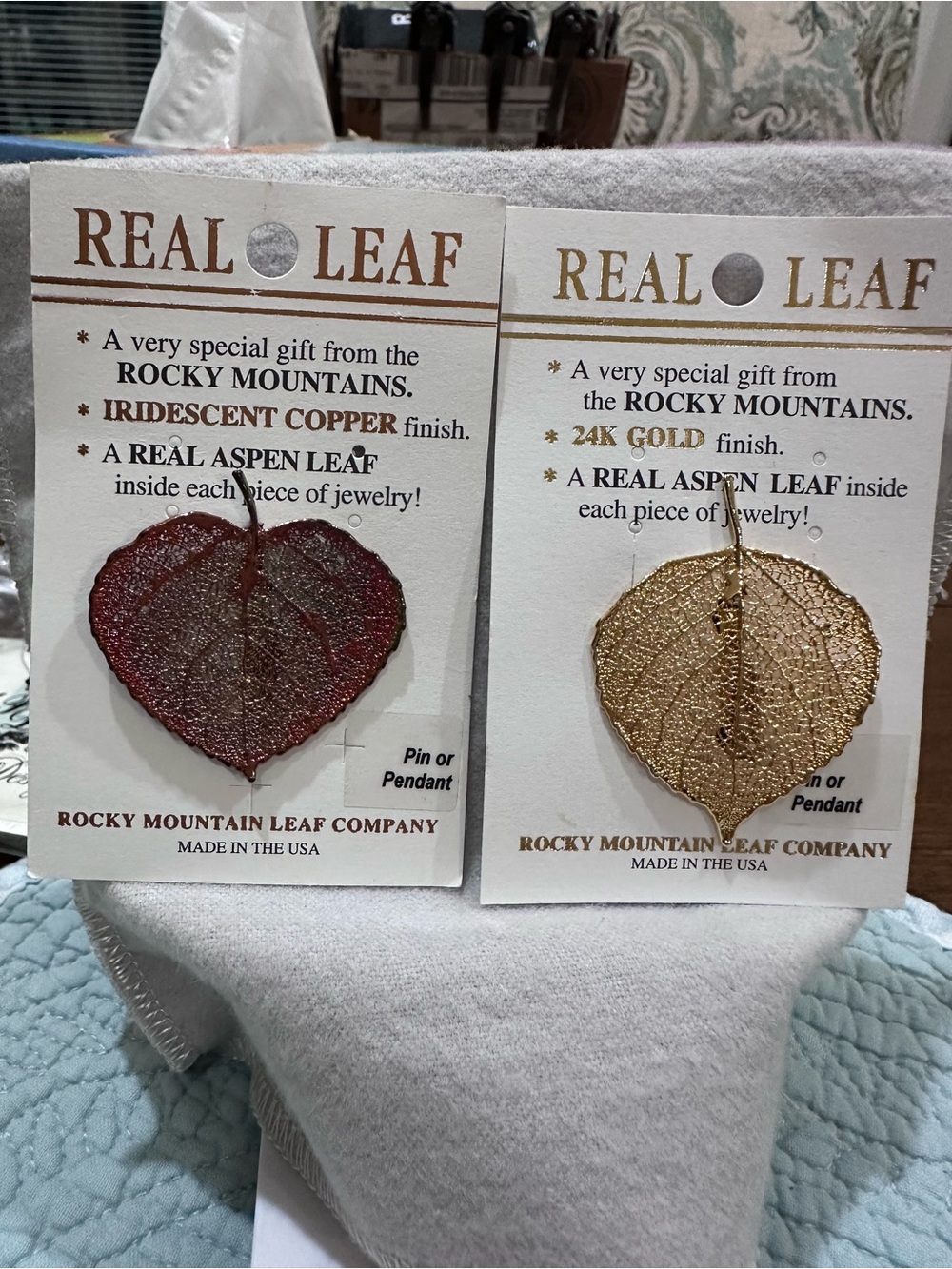 Rocky Mountain Leaf Iridescent Copper & 24K Gold Real Aspen Leaf Pins/Pendants